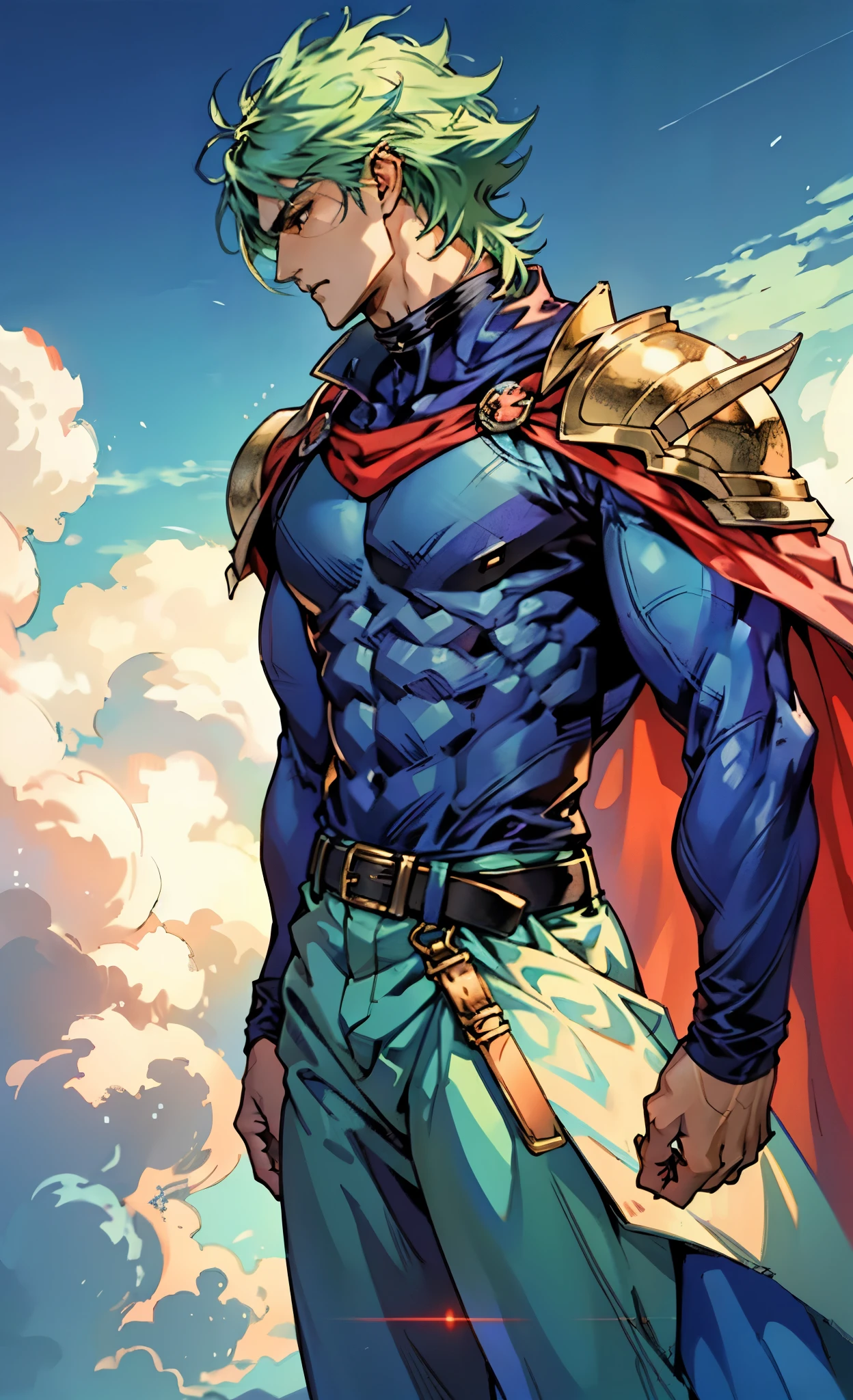 A young man with Greenish-blue spiky short hair, middle part bangs, a disdainful look, slender eyebrows, delicate features, a robust physique, a fantasy-style purple and white tight outfit, a black collar connected to a dark blue cape, a white belt attached to a red and white hem, sky-blue trousers, green flowing light surrounding him, standing on a long street at night, side view, this character embodies a finely crafted fantasy-style warrior in anime style, exquisite and mature manga art style, dramatic, high definition, best quality, highres, ultra-detailed, ultra-fine painting, extremely delicate, professional, perfect body proportions, golden ratio, anatomically correct, symmetrical face, extremely detailed eyes and face, high quality eyes, creativity, RAW photo, UHD, 32k, Natural light, cinematic lighting, masterpiece-anatomy-perfect, masterpiece:1.5