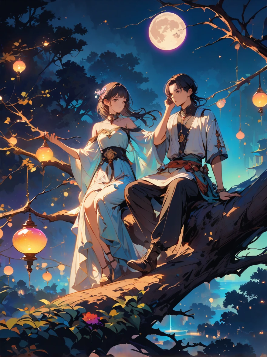 yinji, Romantic ancient style，night，Backlight，A man and a woman sitting on a tree branch，There is a full moon behind，Fresh colors，Soft colors，Diode lamp，Concept art style，Extremely complex details，Clear distinction between light and dark，Structured，Ultra HD, 1yj1