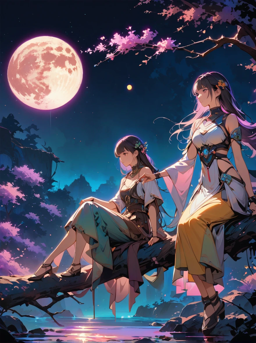 yinji, Romantic ancient style，night，Backlight，A man and a woman sitting on a tree branch，There is a full moon behind，Fresh colors，Soft colors，Diode lamp，Concept art style，Extremely complex details，Clear distinction between light and dark，Structured，Ultra HD, 1yj1