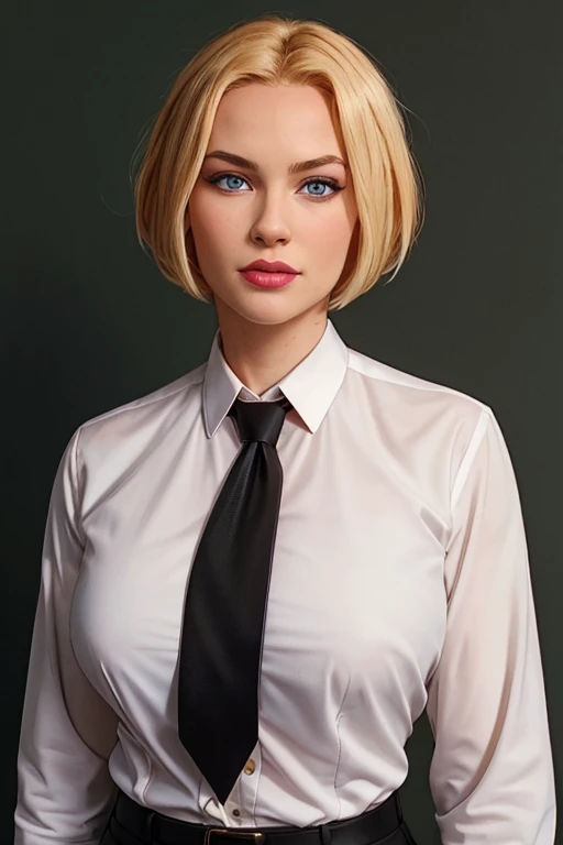 masterpiece, high quality, best quality, realistic, fine detail, (black suit, black necktie, MIBSuit, white shirt), large breasts, (muscular female:0.8), portrait, upper body, blank background, Agent L, blue eyes, blonde hair, short hair, bob hair