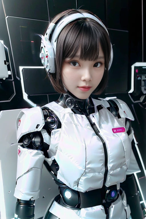 A girl in a futuristic bright white heavily armored robot suit takes a photo、perfect android girl, Female cyborg body, Perfect anime cyborg woman, Beautiful female android!, Female Robot, completely robot!! girl, Cute cyborg girl, Cyber Suit, Girl wearing mecha cybernetic armor, Cyber Suit, beutiful white girl cyborg, Beautiful female android, Beautiful girl cyborg、Cute cyborg girl with short bob hair、Beautiful android sculpture model、(Laughter)、((Rounded, white, sturdy armor))、(((Equipped with long sensor antennas on both ears)))、(((Robot Girl)))、(((Android girls)))、