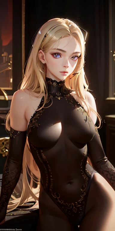 (photoRealistic:1.4), (masterpiece, Side light, Beautiful, detailed eyes: 1.2), masterpiece*Portraiture, Realistic, 3D Face, Glowing Eyes, Shiny Hair, Shiny skin, alone, Embarrassing, (abdomen), Black underwear, Blonde Hair,