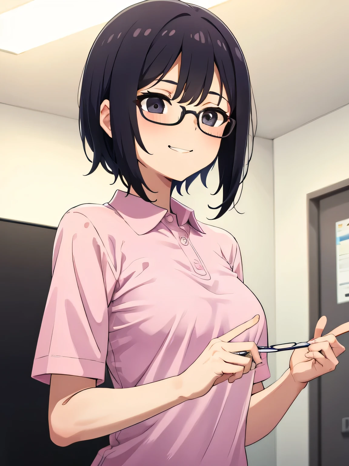 1. Beautiful girl in a pink polo shirt, short hair, Small breasts, Beautiful fingers, Black Hair, black eyes hospital cute high quality short sleeve glasses perfect hands medical checkup happy smile mouth wide open