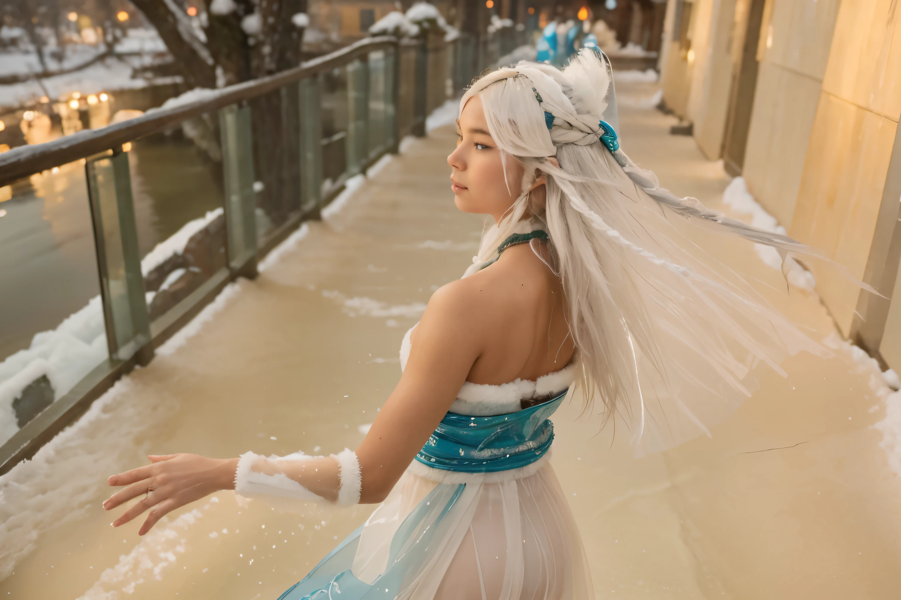 (Best quality, 8k, 32k, Masterpiece, UHD:1.2) "Imagine the majestic and serene Northern Water Tribe from Avatar: The Last Airbender. Describe an expansive city built entirely of ice and snow, nestled in the heart of the North Pole. The architecture is both grand and intricate, with towering ice palaces, elegantly curved bridges, and structures carved from solid ice, all shimmering under the soft glow of the Northern Lights.
The city is protected by massive ice walls and connected by a network of canals and waterways, which serve as the main thoroughfares for its inhabitants. Boats glide silently through these canals, piloted by Waterbenders who use their bending skills to navigate the icy waters. The air is crisp and cold, filled with the scent of fresh snow and the distant sound of water flowing.
The people of the Northern Water Tribe are dressed in thick, fur-lined garments to protect against the frigid temperatures. Their culture is deeply rooted in Waterbending and a harmonious relationship with the ocean and the spirits. Central to the city is the Spirit Oasis, a lush and warm sanctuary surrounded by a grove of trees, where the spiritual energy is palpable and the water is always warm.
Describe the daily life in the Northern Water Tribe, focusing on the communal activities, Waterbending training sessions, and the preparation for various cultural events and rituals. Highlight the sense of community and tradition, as well as the beauty and resilience of a people living in harmony with their harsh, yet stunning, environment." (fish-eye lens))