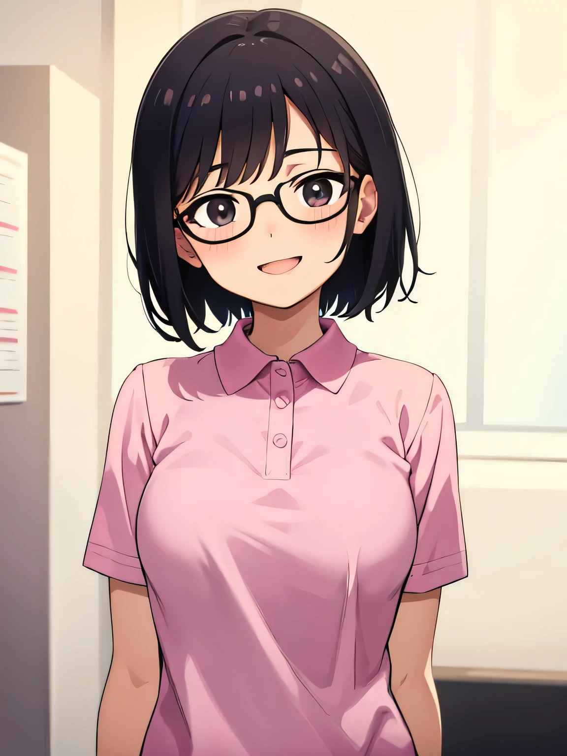 1. Beautiful girl in a pink polo shirt, short hair, Small breasts, Beautiful fingers, Black Hair, black eyes hospital cute high quality short sleeve glasses perfect hands medical checkup happy smile mouth wide open