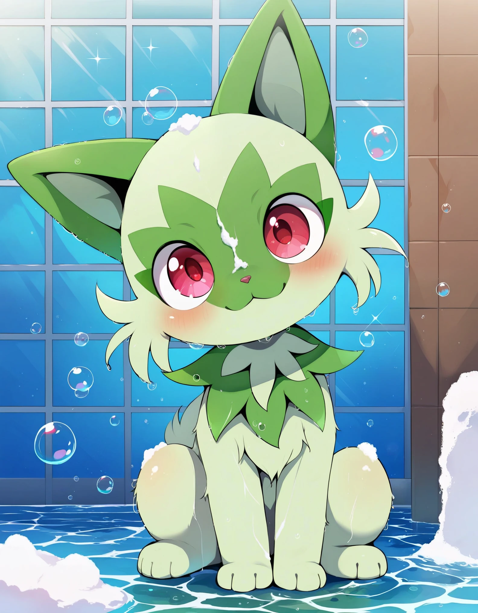 score_9_up, score_8_up, score_7_up, source_anime, dagasi_style, (masterpiece, perfectly detailed, detailed face, detailed eyes, beautiful eyes), PokeMaster_PS, pikachu_pokemon, sprigatito_pokemon, no humans, pokemon (creature), red eyes, bubble, soap bubbles, wet, :<, cat, water drop, closed mouth, tiles, indoors, solo