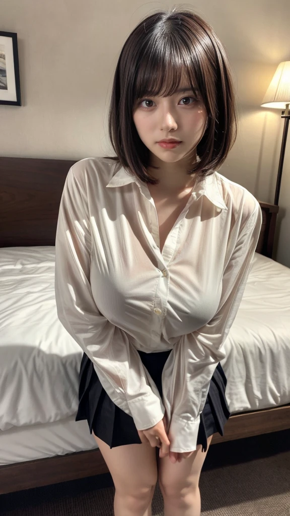 masterpiece, best quality, illustration, Super detailed, fine details, High resolution, 8K,wall paper, perfect dynamic composition,(Details High quality, realistic depiction of eyes:1.3), short bob hair, (Oversized_Shirt:1.2)、Oversized_Shirt, ((facing viewer)), hotel room, Layered Cut, black hair color, Big Natural Color Lip, sexy pose, crying a little、cold gaze, Harajuku style、20 year old girl、cute type、ta, hposing Gravure Idol, full body photo, huge breasts