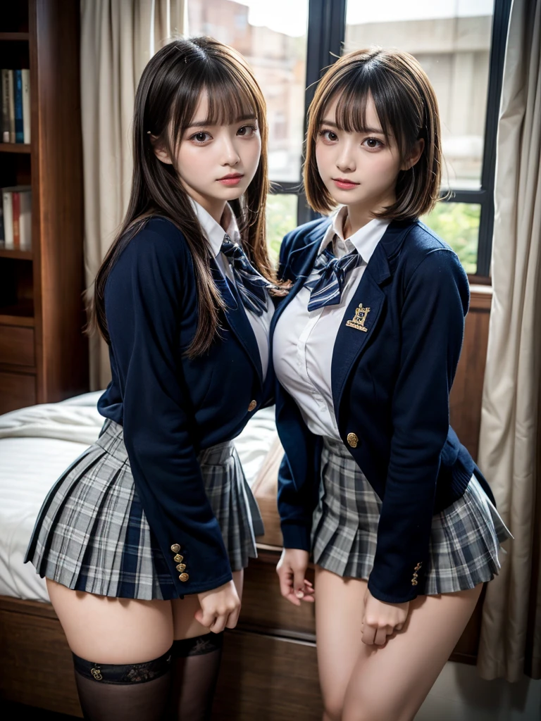 (8K, Raw photography, top-quality, masterpiece:1.2), master piece, best quality, illustration, Super detailed, fine details, High resolution, 8K,wall paper, perfect dynamic composition,(Details High quality, realistic depiction of eyes:1.3), ((2 girls, 2 schoolgirls)), The background is a luxury hotel room、High school girl uniform、blazer 、Super Short Check Uniform Skirt、Navy blue high socks、garterbelts、Colossal tits、Disturbed uniform, Play with each other,Touching each other's bodies,Touching the body of the girl next door, short bob hair, black hair color, huge breasts, Big Natural Color Lip, bold sexy pose, (perfect body shape), crying a little、cold gaze, Beautiful makeup,glitter makeup,Cutest 18 years old, beautiful legs, hposing Gravure Idol, Voluptuous thighs