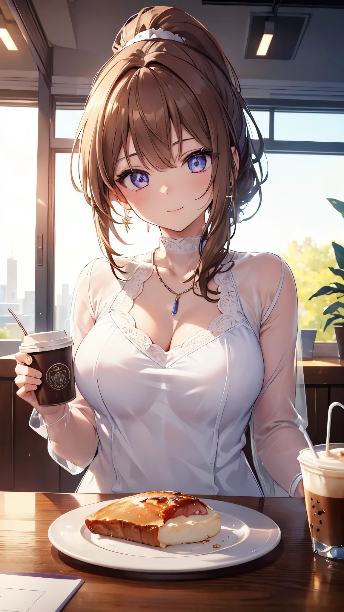 Anime girl with blue eyes holding a cup of coffee and a slice of pizza ...