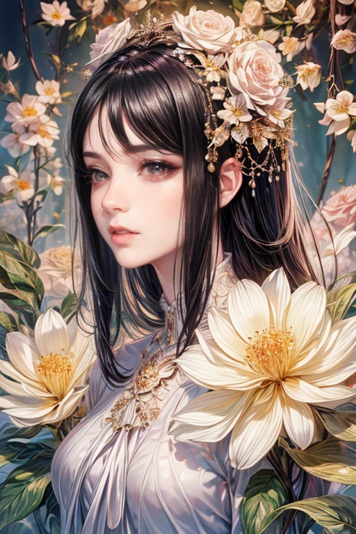 (highest quality,8k,CG), Upper body details,  girl, Floral forest background, Detailed facial features, Elegant long black hair, Almond-shaped red eyes, Detailed eye makeup, Long, fluttering eyelashes, Twinkling Star, Intricate lip detail, Soft and harmonious style.