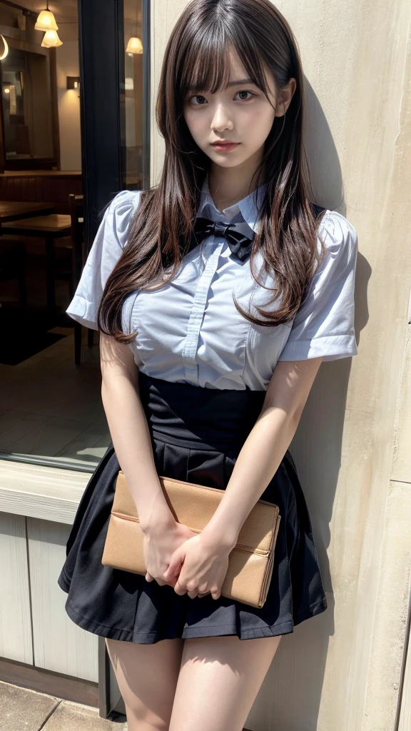 masterpiece, best quality, illustration, Super detailed, fine details, High resolution, 8K,wall paper, perfect dynamic composition,(Details High quality, realistic depiction of eyes:1.3), waitress uniform, restaurant, huge breasts, short bob hair、black hair color, Big Natural Color Lip, (perfect body shape), crying a little、cold gaze, Harajuku style、20 year old girl、cute type、ta、beautiful legs, focus on crotch, full body photo, gravure idol