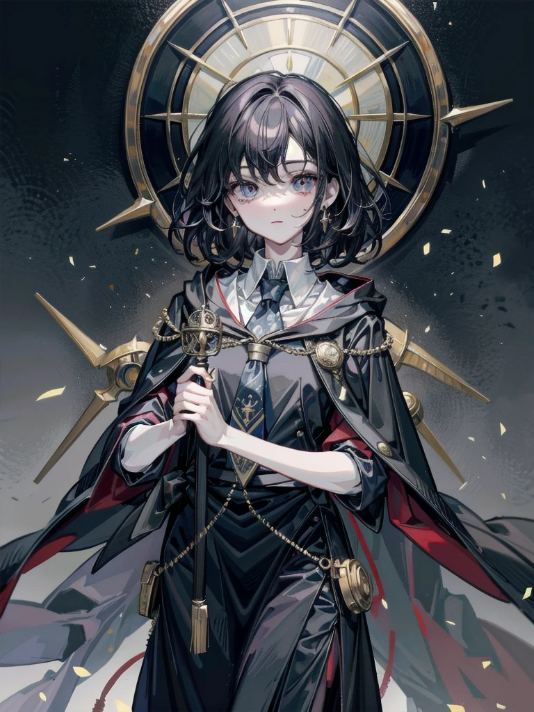 whole body, anime character, hogwarts teacher, necktie, cloak, absurdres, RAW photo, extremely delicate and beautiful, masterpiece, Best Quality, ultra high resolution, 32k, hyperrealistic, ultra-detailed, perfect figure, perfect shape, detailed description, pale skin, 20 years old, detailed beautiful face and eyes, tearful mole, earring, short medium hair, wavy hair, black hair,