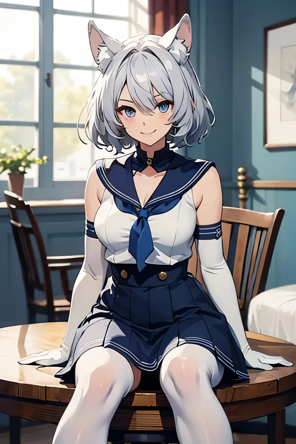 Tabletop Best image quality wonderful Attention to detail One Young Woman((Adult))Anime Style White Sailor Suit(Sleeveless) Navy blue mini skirt snow-white gloves(Elbow Gloves) Put your arms on your knees White pantyhose Wolf Ears short hair((Shortcuts)(Gray Hair)(Curly Hair)(fluffy)) smile(Happy) Eye color is blue background(Bedroom) Sit on a chair Beautiful feet