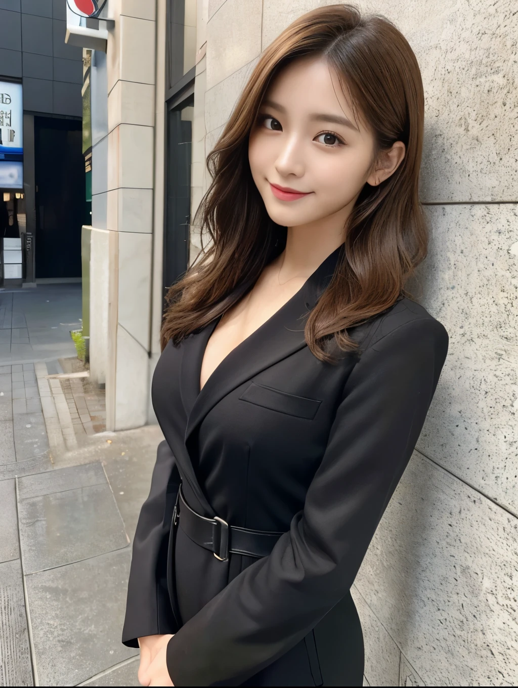 (Detailed skin:1.2),(Shiny skin:1.1),8k,highest quality, masterpiece, Ultra-high resolution,(Realistic:1.4), RAW Photos,(Soft Saturation:1.3),(Fair skin:1.2),Japanese Idols,repair,20 years, Brown Hair, Medium Hair, Asymmetrical Hair, Wavy Hair, （Perfect Anatomy）,
 (Pretty face:1.4), (Big Breasts, Tight waist), Beautiful lighting, Small Head,
(Black office suit:1.2,), Highly detailed face, Highly detailed lips, fine grain, double eyelid,, ((Full Body Shot:1.2)), Sharp focus: 1.2, Beautiful woman with perfect figure: 1.2、Random Pause，Accentuate the lines of your legs、smile、