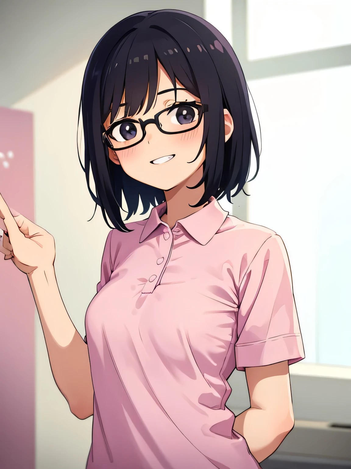 1. Beautiful girl in a pink polo shirt, short hair, Small breasts, Beautiful fingers, Black Hair, black eyes hospital cute high quality short sleeve glasses perfect hands medical checkup happy smile mouth wide open