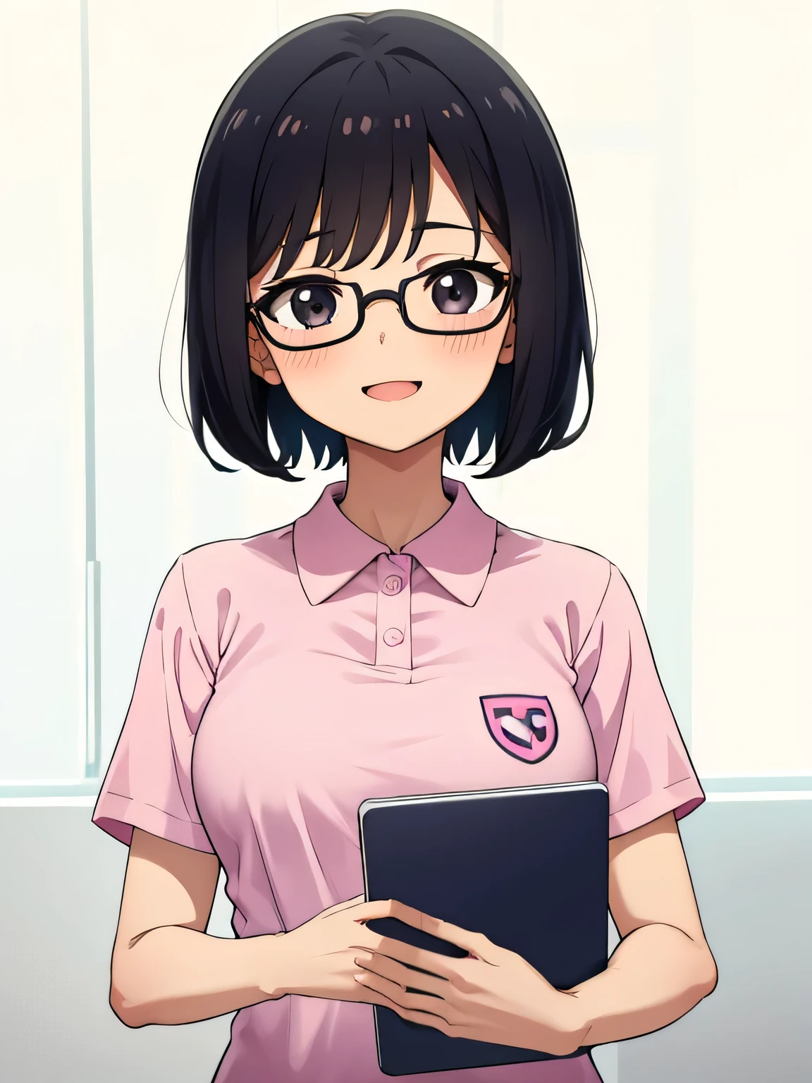 1. Beautiful girl in a pink polo shirt, short hair, Small breasts, Beautiful fingers, Black Hair, black eyes hospital cute high quality short sleeve glasses perfect hands medical checkup happy smile mouth wide open