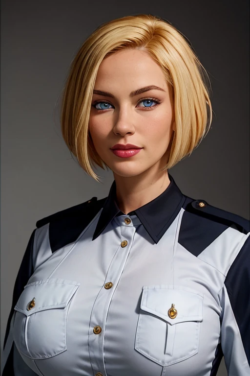 masterpiece, high quality, best quality, realistic, fine detail, Police Uniform, large breasts, (muscular female:0.8), portrait, upper body, blank background, Agent L, blue eyes, blonde hair, short hair, bob hair