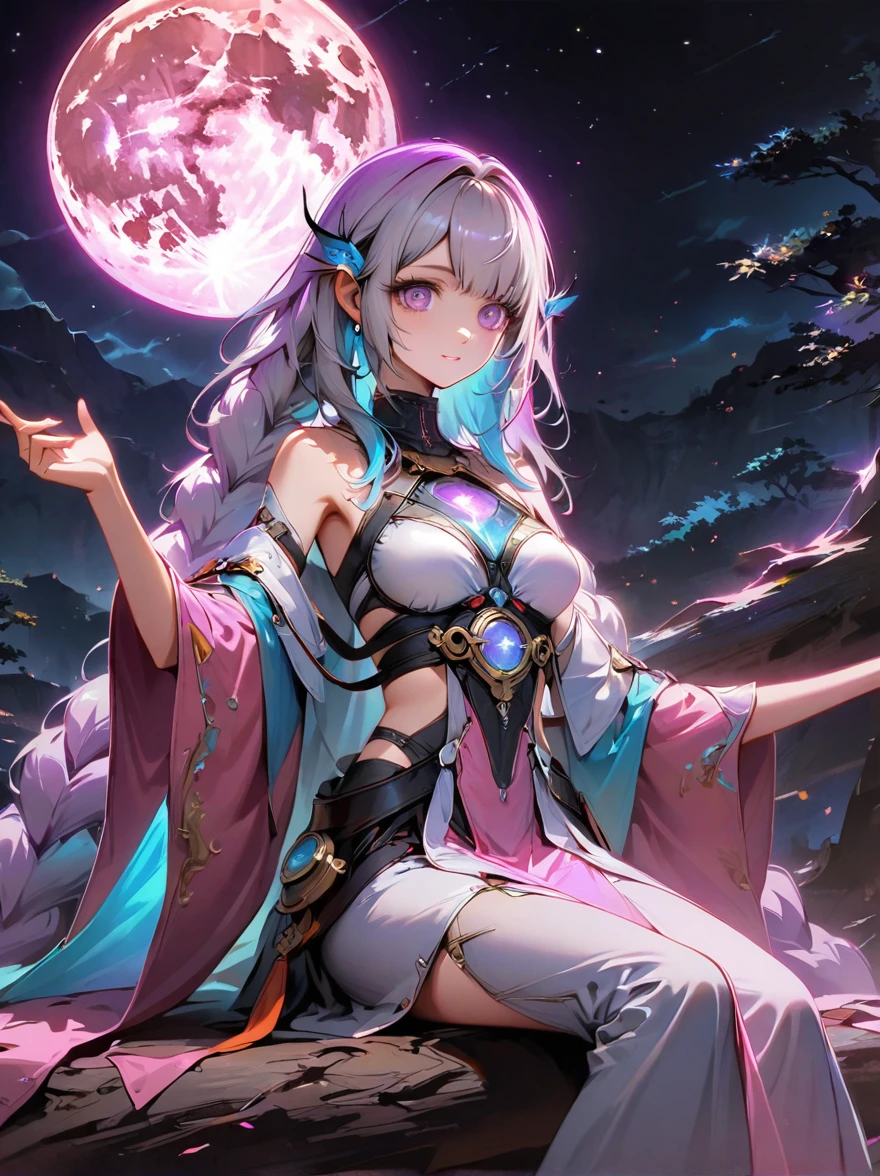 yinji, Romantic ancient style，night，Backlight，A man and a woman sitting on a tree branch，Front view，Eyes on the audience，There is a full moon behind，Fresh colors，Soft colors，Diode lamp，Concept art style，Extremely complex details，Clear distinction between light and dark，Structured，Ultra HD, 1yj1，First-person perspective
