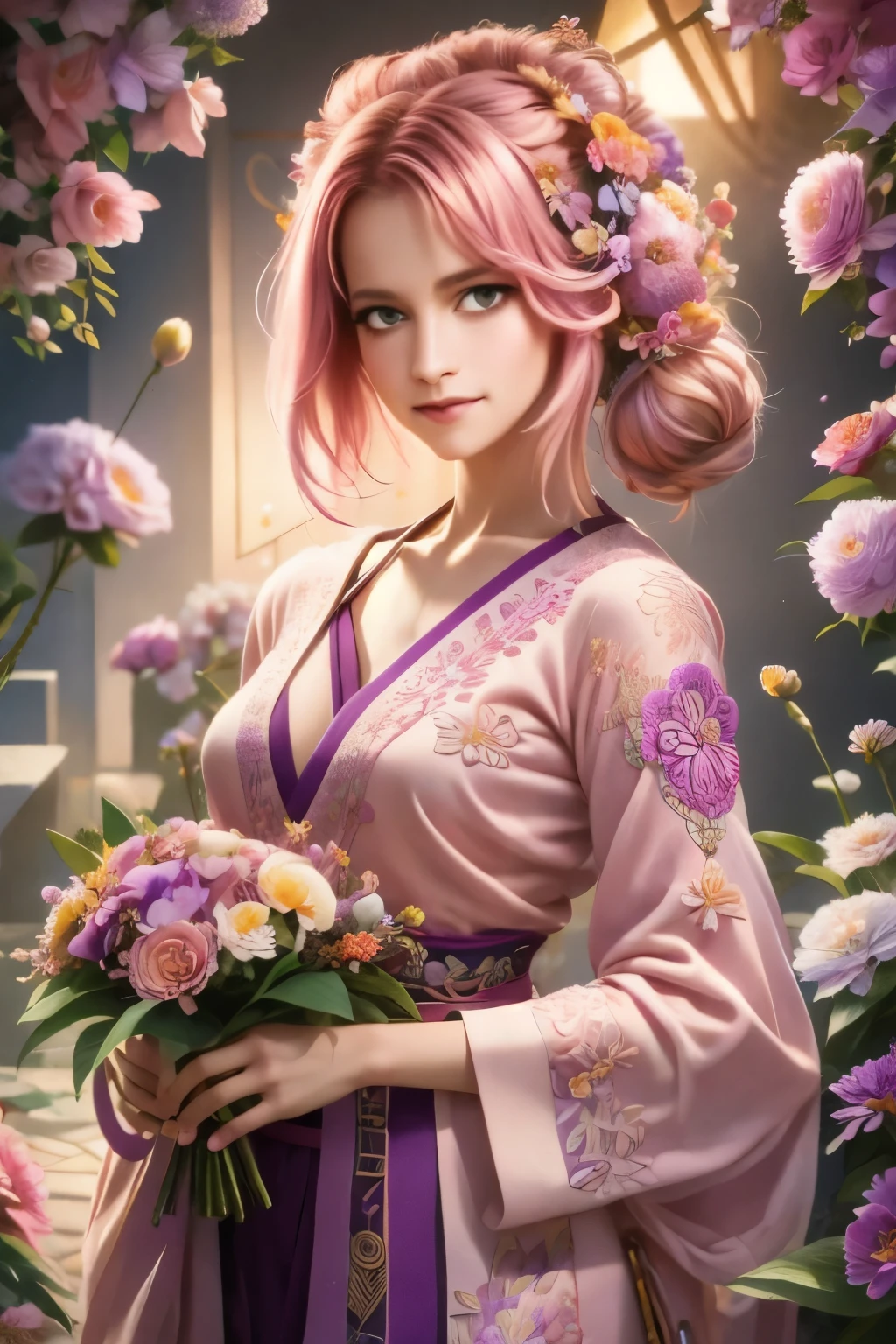 (ultra-detailed background, detailed background), absurdres, highres, ultra detailed, extremly detailed, 1girl, yae miko, pink hair, purple eyes, (bunch of flowers:1.3), (zentangle:1.2), (geometric:1.2),(colorful),