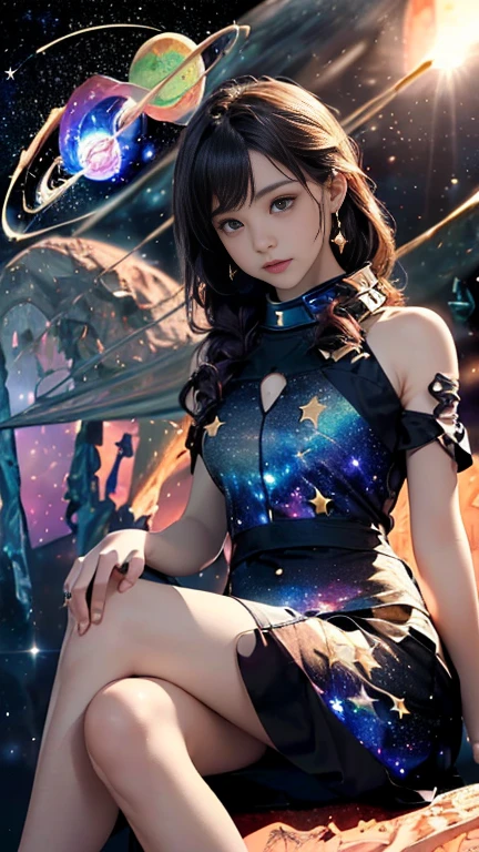 (((masterpiece))),((highest quality)),Beautiful girl,pale, (Characters who personify the universe: 1.5), (((Hair is a star:1.5)))、(Planet Dress:1.5)))、(belly button)、(sun:1.5),(Private Server), (Exposing Skin),(Background is night sky 1.5).(((from the front:1.5)))、(Straight ahead: 1.5)、(((Sitting on a comet:1.5)))、