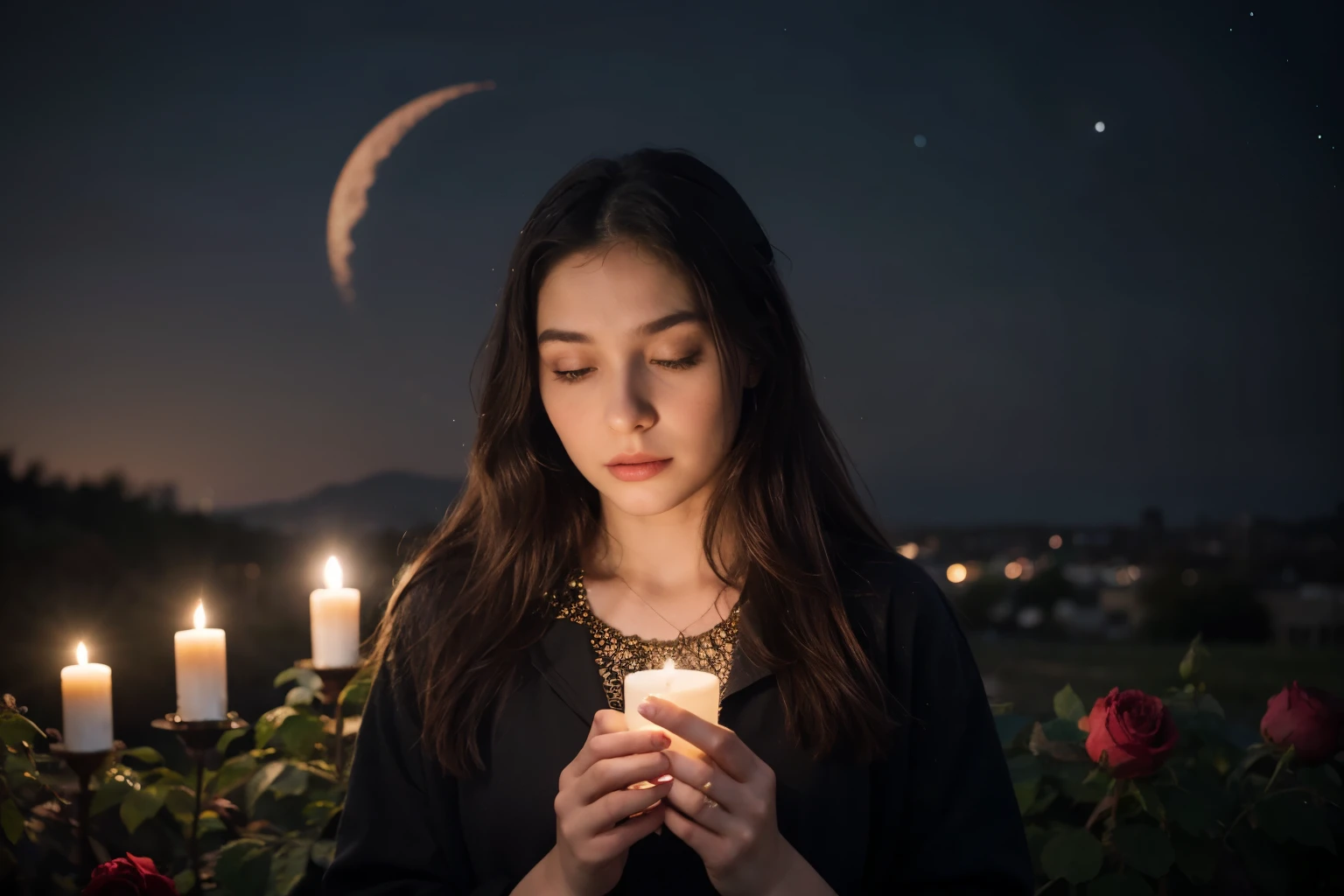 generate an image for a book cover. with the following elements: Background: Starry night sky with a magical, sparkling touch.
Color Palette: Shades of deep purple, gold and soft pink.
Mystical Elements: Illustrations of roses, candles, and a crescent moon.