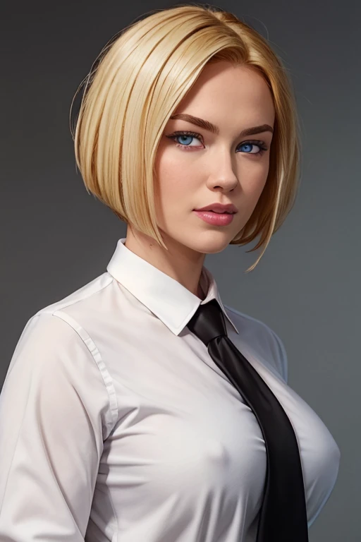 masterpiece, high quality, best quality, realistic, fine detail, black suit, black necktie, MIBSuit, white shirt, large breasts, (muscular female:0.8), portrait, upper body, blank background, Agent L, blue eyes, blonde hair, short hair, bob hair