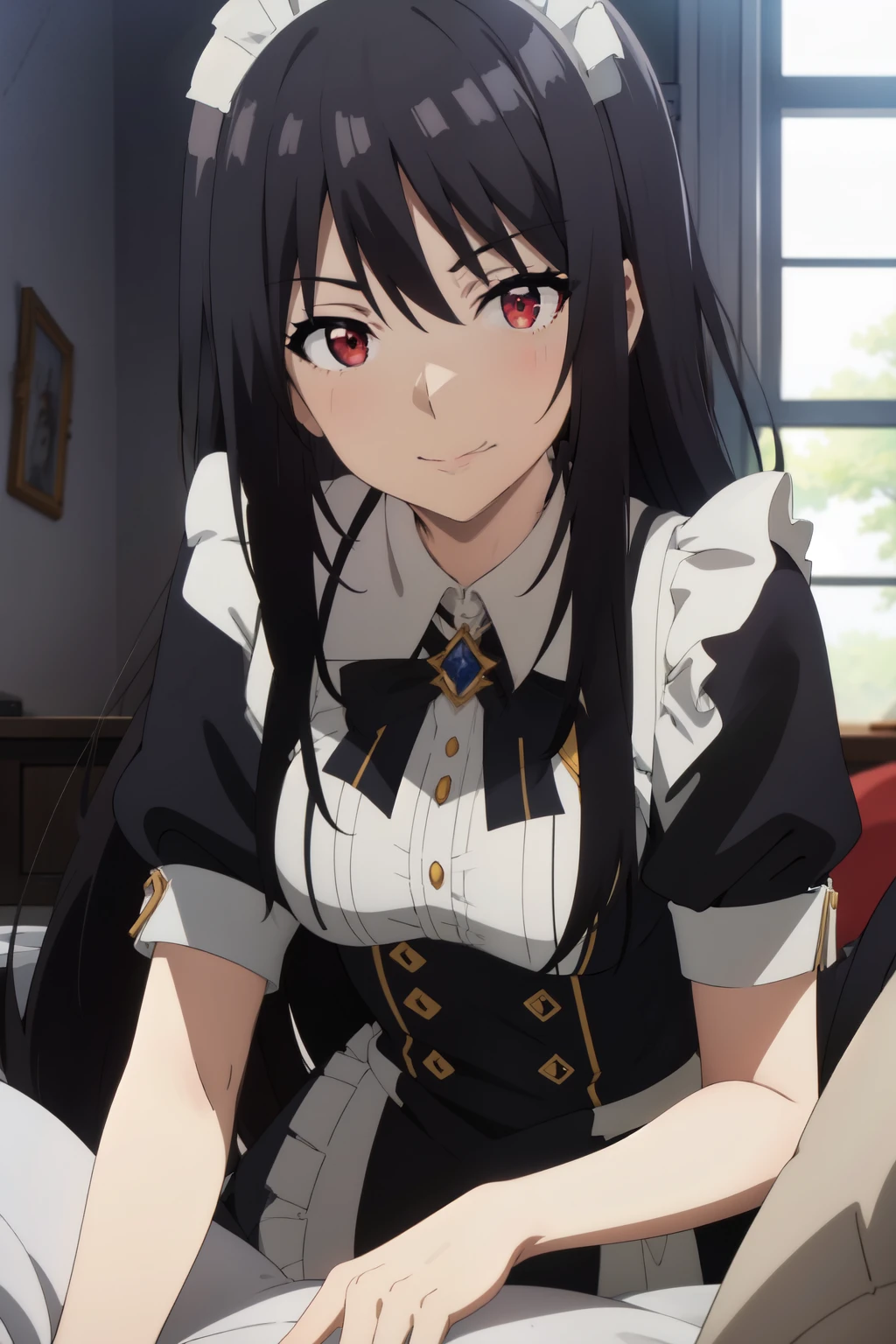 Anime background art, bottom of room, one bed, lying on a bed, beautiful anime scenes, 4K anime art wallpaper, 4k anime art wallpaper, Rosla global illumination, anime girl, best quality, detailed, 1 girl, alone, same as LORA, same as lora, closed mouth, light smile, black hair, long hair, defined eyes, red eyes, looking at viewer, maid costume.