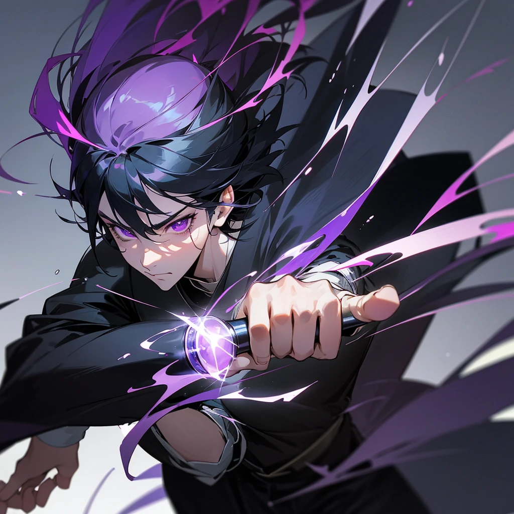 This character is very strong and uses blue and purple powers, turn everything blue into purple and give him a more serious expression in a very realistic way,He wears a black cape, a black shirt, similar to a suit, black pants, wearing black slippers, about his physical features I want wet black hair, emo style, with purple eyes emanating a purple aura, with a standard Japanese face, looking down as if he has contempt for weak people,balanced light, high shadows, predominant purple tone, realistic art, anime style, cold climate, winter, cold and dark colors, and high saturation