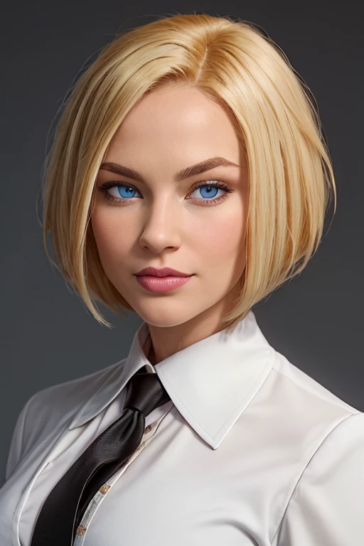 masterpiece, high quality, best quality, realistic, fine detail, black suit, black necktie, MIBSuit, white shirt, large breasts, (muscular female:0.8), portrait, upper body, blank background, Agent L, blue eyes, blonde hair, short hair, bob hair, black suit, black jacket