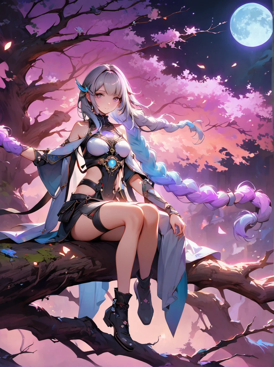 yinji, Romantic ancient style,night,Backlight,A man and a woman sitting on a tree branch,Front view,Eyes on the audience,There is a full moon behind,Fresh colors,Soft colors,Diode lamp,Concept art style,Extremely complex details,Clear distinction between light and dark,Structured,Ultra HD, 1yj1,First-person perspective