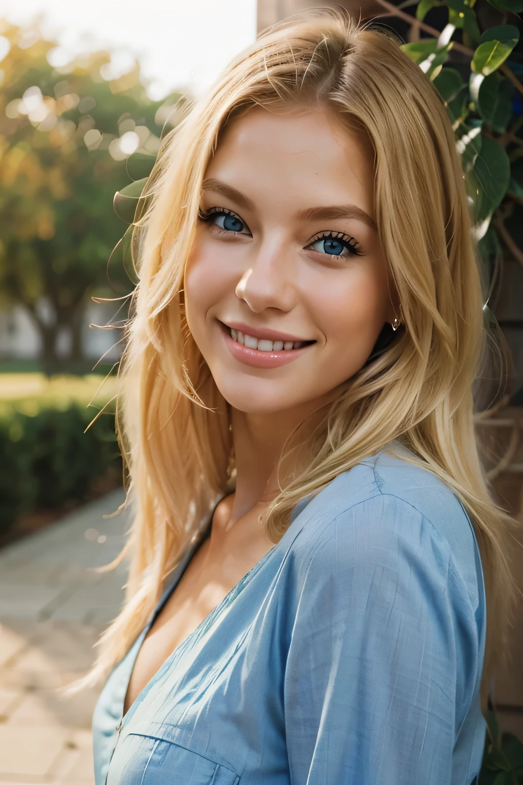 Realistic Beautyfull Caucasian woman with blond hair blue eyes smiling she has a beautyfull face and a slim to medium build