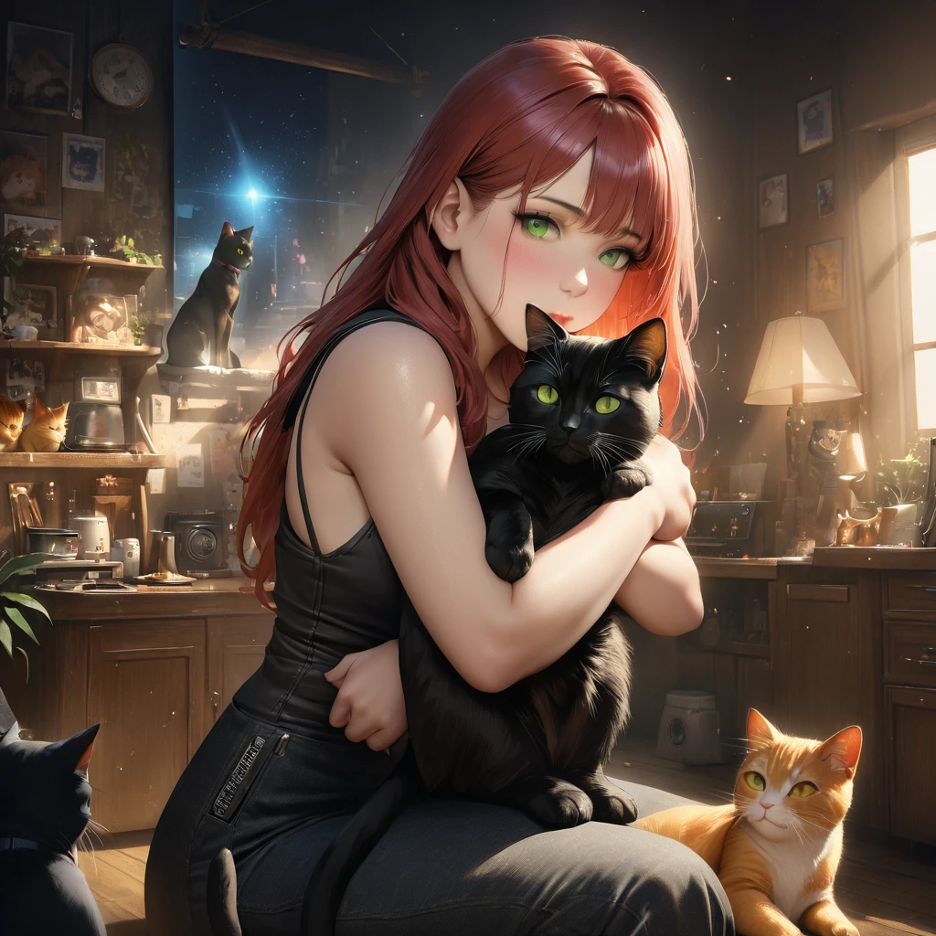 2 beautiful cats, black cat, ginger cat, cats with green eyes, cats hugging, magical atmosphere, cute atmosphere, masterpiece, best quality, 8k, ultra-detailed, realistic, photorealistic, studio lighting, vivid colors