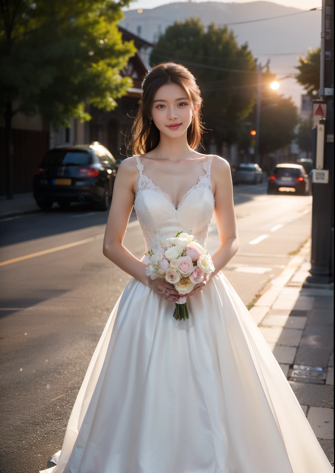 Beautiful 25 year old  skinny woman。She is wearing a wedding dress. She is smiling on illuminated by the evening church lights on the romantic sunset time.  her dark brown hair. High resolution、masterpiece、highest quality、頭w:1.0、((Hasselblad Photos))、fine skin、(movie lighting)、clavicle . full body picture.