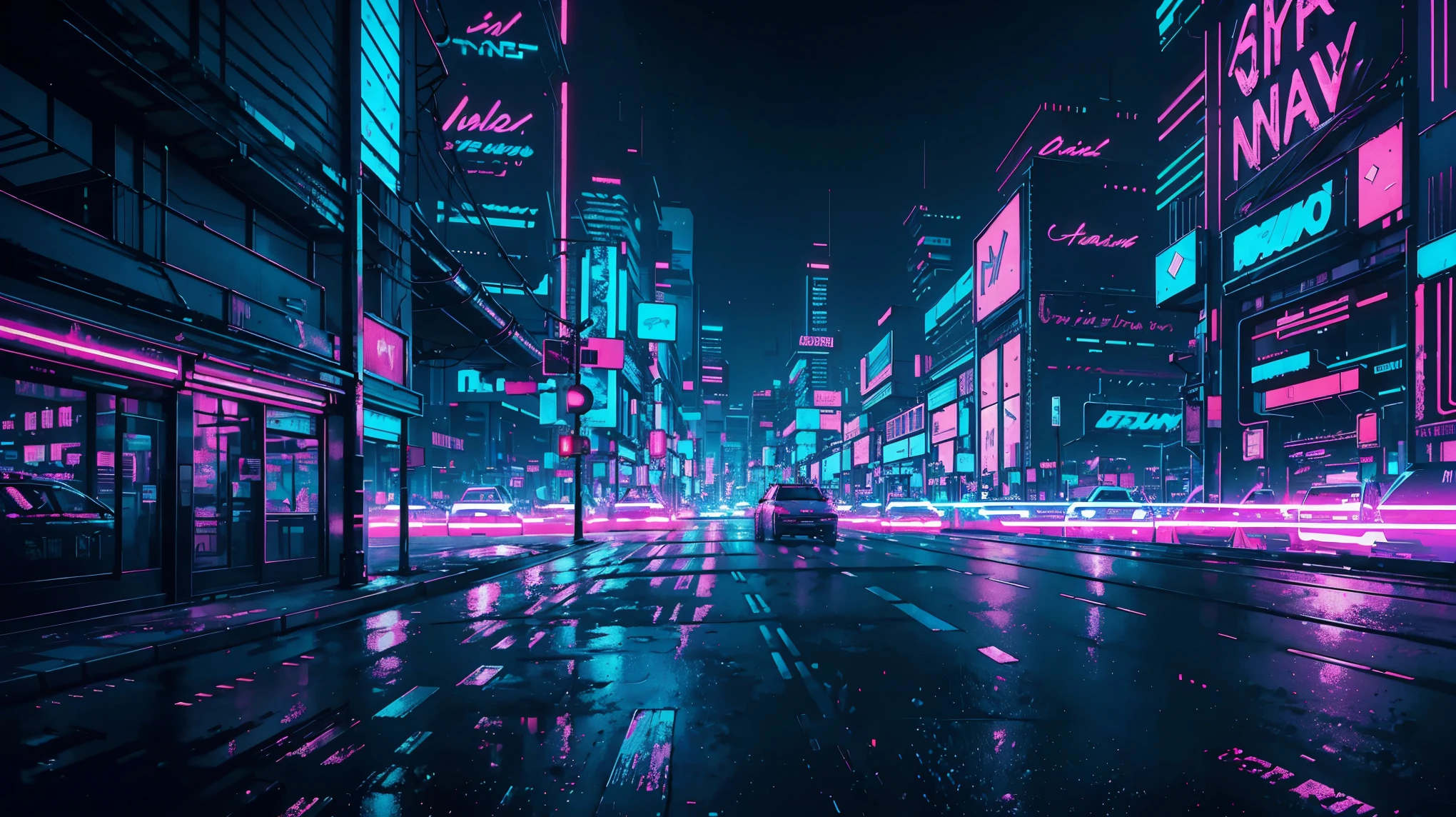 ((A city with no one)) signboard, Rear speakers, Very realistic, View of the Cyberpunk City, Clearly defined lines, Neon Light , 8k, 8k Very detailed), (Very delicate and beautiful), (masterpiece), (Better Quality: 1.0), (Ultra-high resolution:1.0), ((Synthwave Background Theme))
