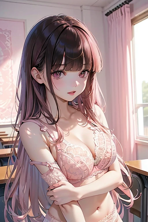 highest quality, High resolution,thin、Brown eyes、expensive、(Bangs Bangs:1.5)、Long Hair,Straight hair、classroom、18-year-old、(Pink lace bra:1.5)、(Pink lace panties:1.5)、(Black Hair:1.5) 、8 Life-size