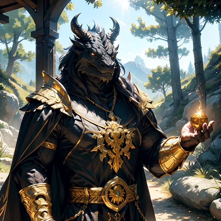 [black] dragonborn, really muscular and strong, with a white clerical armor, with Holy symbols, waiting next tô a tree, with The sunlight shining in him and little shadows of the tree leafes. He looks very Noble and rich, with Gold in her hands and horns. He is in a pose like he is taking tô someone, negociating with Gold coins. There is energy flowing around him like melted Gold. 