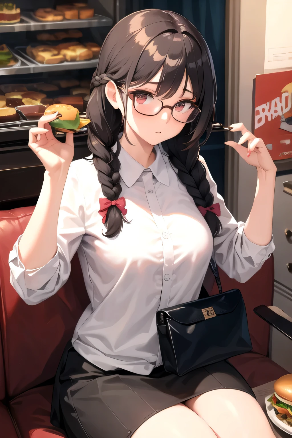 masterpiece, best quality, 1girl, long hair, glasses, burger, bored, braid,