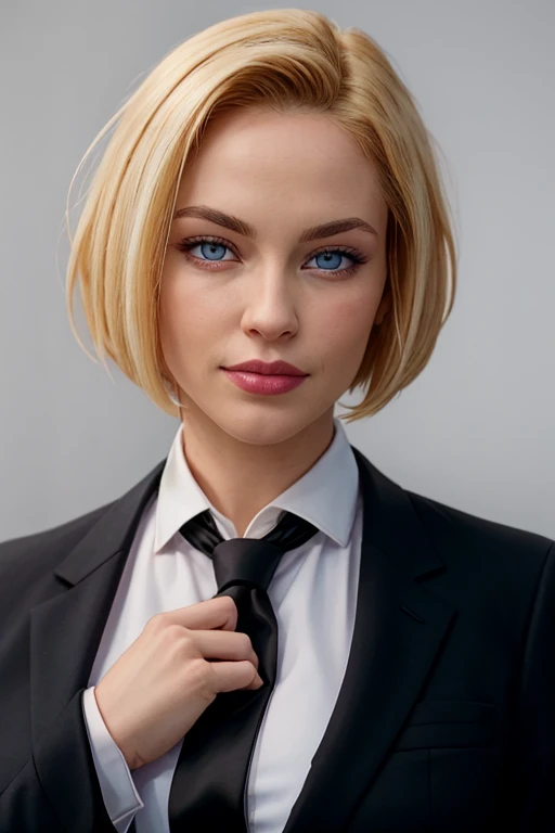 masterpiece, high quality, best quality, realistic, fine detail, black suit, black necktie, MIBSuit, white shirt, Black Suit, Balck Jackwt Coat, Formal Look,  large breasts, (muscular female:0.8), portrait, upper body, blank background, Agent L, blue eyes, blonde hair, short hair, bob hair, black suit, black jacket