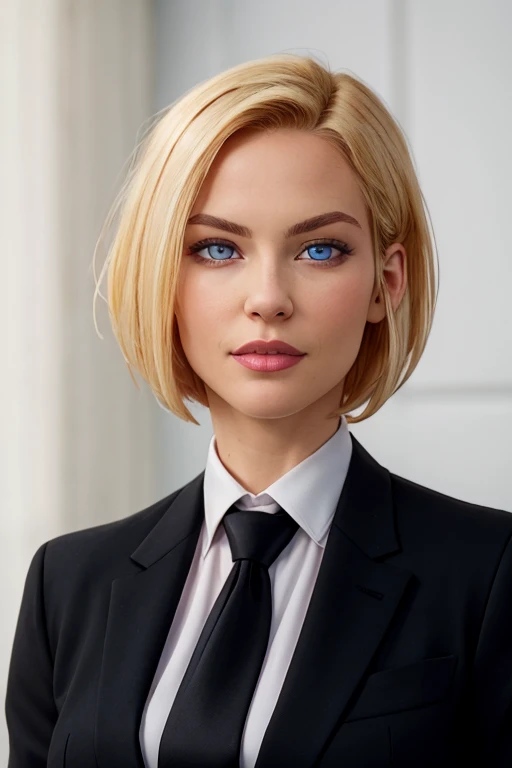 masterpiece, high quality, best quality, realistic, fine detail, black suit, black necktie, MIBSuit, white shirt, Black Suit, Balck Jackwt Coat, Formal Look,  large breasts, (muscular female:0.8), portrait, upper body, blank background, Agent L, blue eyes, blonde hair, short hair, bob hair, black suit, black jacket