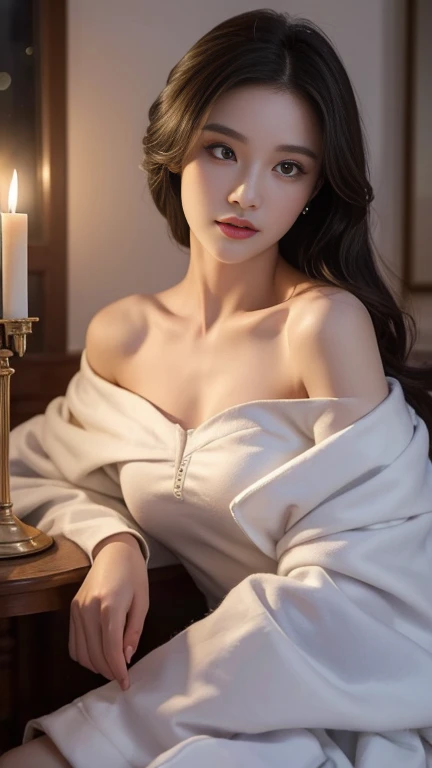  (masterpiece, highest quality:1.2), One girl, alone, ((Off-the-shoulder clothing)), ((night)), lanthanum, Candlelight, Deep in Wonderland，The moonlight pours down like water，Foggy Room，The heroine&#39;s figure is vaguely visible，絵の中のLike a fairy，Slim sexy legs，Very nice legs，Sexy legs leaking，Big Breasts，美丽而又带着一丝mystery的色彩。Her face is beautiful and delicate，Like a finely carved piece of jade，Showing an otherworldly beauty。Beautiful eyebrows，The waves in my eyes are like twinkling stars，Show the light of patience and wisdom。The bridge of the nose is straight，Cherry-like lip color，Slightly upturned corners of the mouth convey confidence and composure.。Her face is clear，Her skin is as white as jade，Gives a healthy glow，Like a fairy, She&#39;ll never eat fireworks in this life。Her makeup is light and subtle.，Not too decorative，but、enough to show her temperament and charm。A light-toned foundation enhances the clarity of your skin.，Create the perfect brow shape with a lightweight eyebrow pencil，Eye makeup: eyeshadow and eyeliner，Make her eyes brighter and more cheerful。嘴唇涂上Grace的口红，Add a touch of glamour and sophistication。她的衣服Grace别致，Clothes fluttering，It&#39;s about to be blown away by the wind，Drifting Away。既不失Grace，She also demonstrated extraordinary skills.。Swaying with her movements。Her hair is casually tied back，Fix with hosta，A few strands of hair are swaying gently in the wind，Add a little softness。Her figure emerges in the fairyland，宛如一道Big Breasts美丽的风景线，Charmed everyone&#39;Note。She&#39;s like a fairy in Wonderland，Big Breasts美丽、Grace、mystery、full of power。