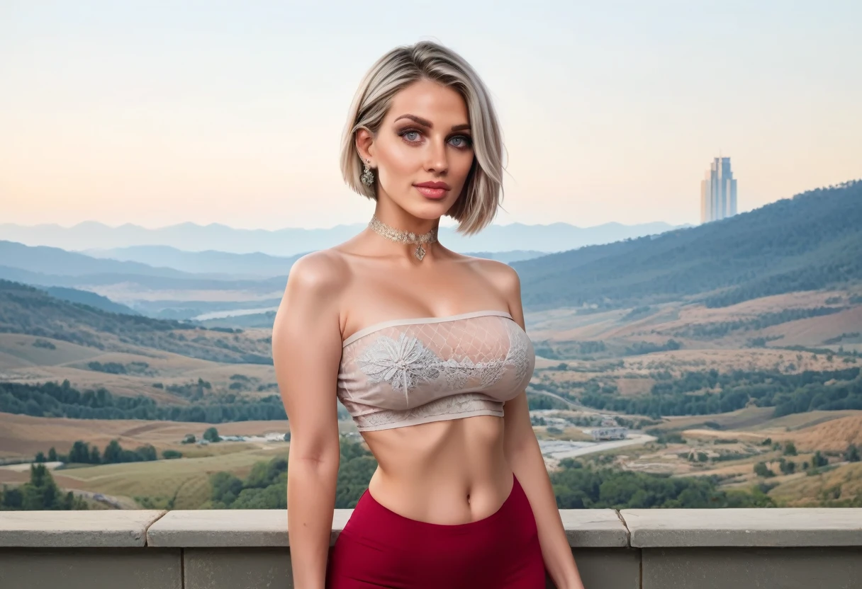 best quality, masterpiece, (photo realistic),extreme realism, milfpeaches, detailed face, (pinup girl pose)1.3, score_9,score_8_up,score_7_up,source_realistic, 1girl,  (asymmetrical hair-length bob haircut), platinum blonde hair, diamond earrings, diamond choker, (braless see-through cropped top), large natural breasts, (sexy belt) ((tight) (black micro-skirt)), red thong (cameltoe)1.2, (black tights, stockings)1.3, high ponytail, cloud, highleg thong, (amazing panorama, sky), thick toned thighs, toned legs, outdoors, day, sky, normal angle, (multiple view:front view), uncensored