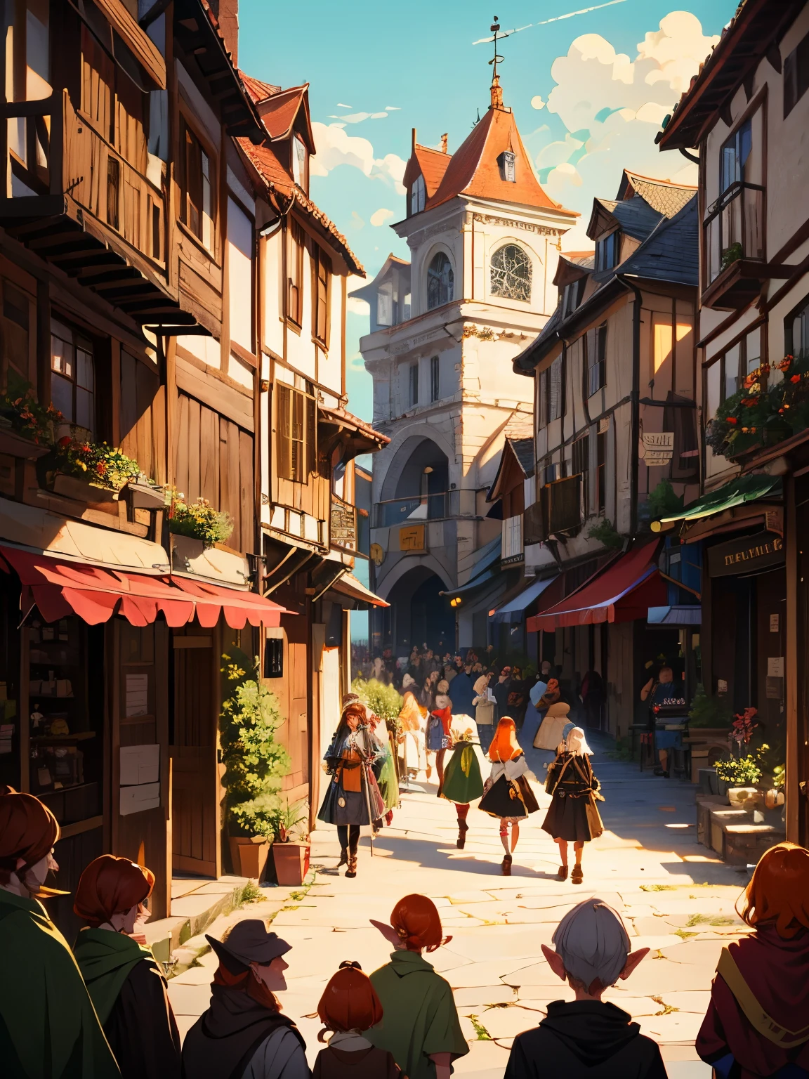 masterpiece, high quality, elves, (long elf ears), (orange hair), medieval town square, fantasy buildings, crowd of elves, fantasy clothes,