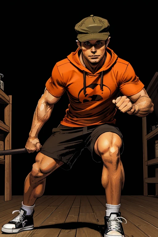 Man With a cap that obscures his face and Long long shorts with sachets on the sides and converse sneakers Heroic Presence Serious and strong pose Regular orange T-shirt. Hooded strong In a furious attack pose straining his veins