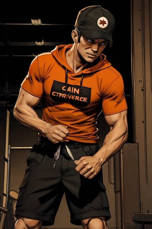 Man With a cap that obscures his face and Long long shorts with sachets on the sides and converse sneakers Heroic Presence Serious and strong pose Regular orange T-shirt. Hooded strong In a furious attack pose straining his veins