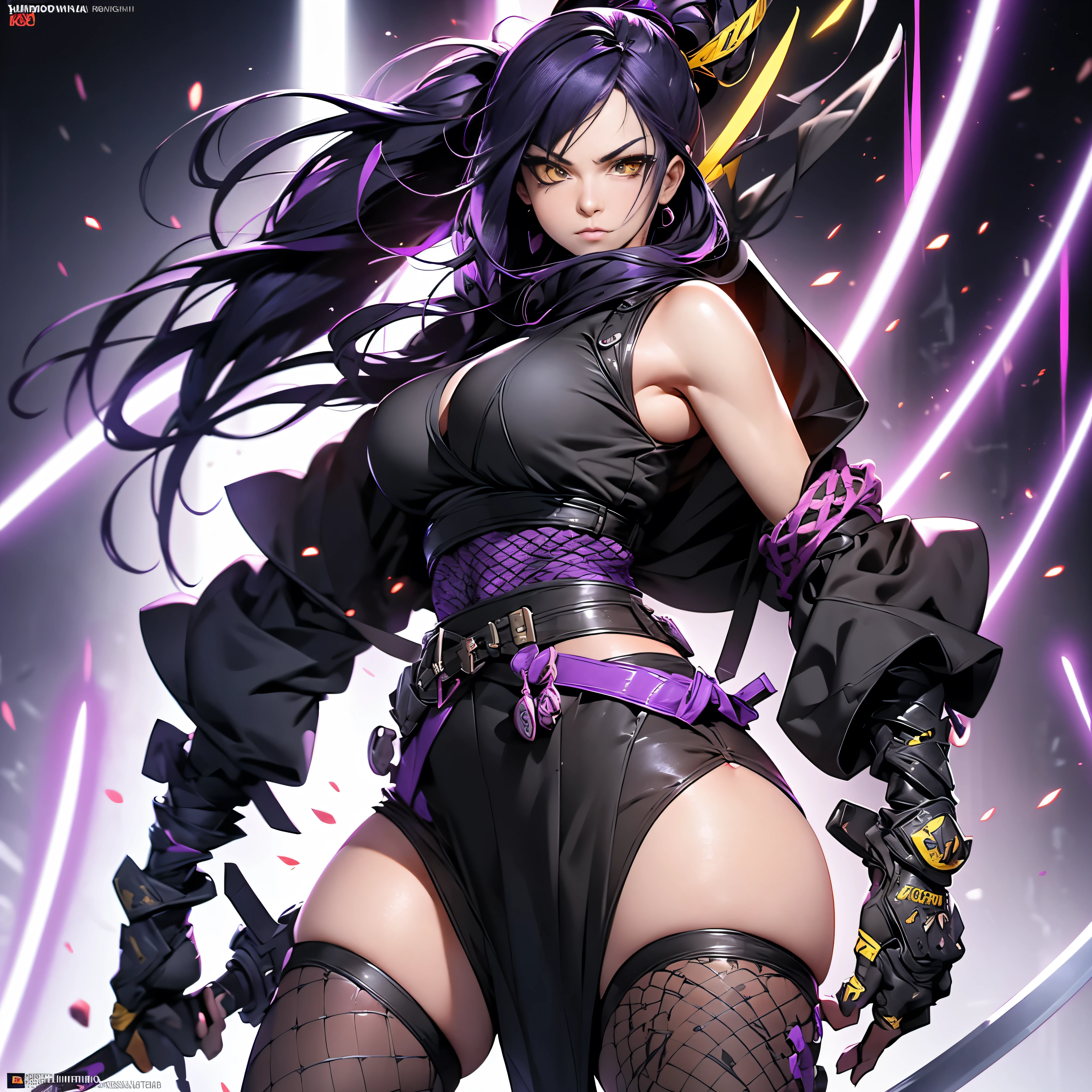 One Female, ninja, long black hair, purple highlights, two toned hair, thick thighs, large breasts, yellow eyes, eyeshadow, kunoichi outfit, fishnet leg wear, scar over one eye, full body shot, tall, sharp eyes, fighting stance, highly detailed, 24k