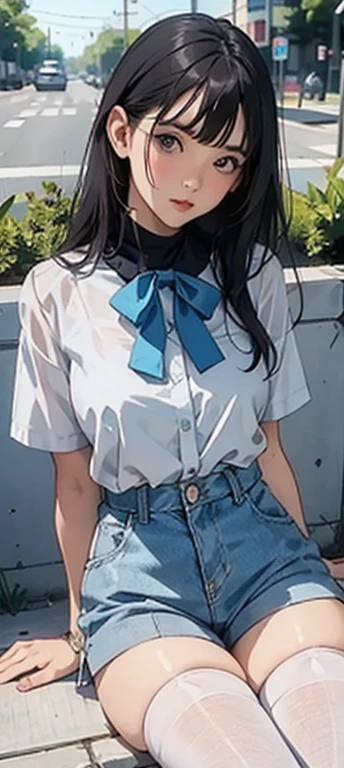 Girl in summer clothes, White blouse, Light blue shorts, Pantyhose or long stockings, Acting like I want to kiss you, Viewer's perspective, Medium chest, Cleavage, Random Background, Sexy expression, ((Very detailed)), (Perfectly detailed face), (Detailed and well-drawn hand) Photorealistic images.