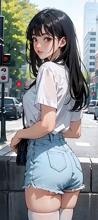 Girl in summer clothes, White blouse, Light blue shorts, Pantyhose or long stockings, Acting like I want to kiss you, Viewer's perspective, Medium chest, Cleavage, Random Background, Sexy expression, ((Very detailed)), (Perfectly detailed face), (Detailed and well-drawn hand) Photorealistic images.