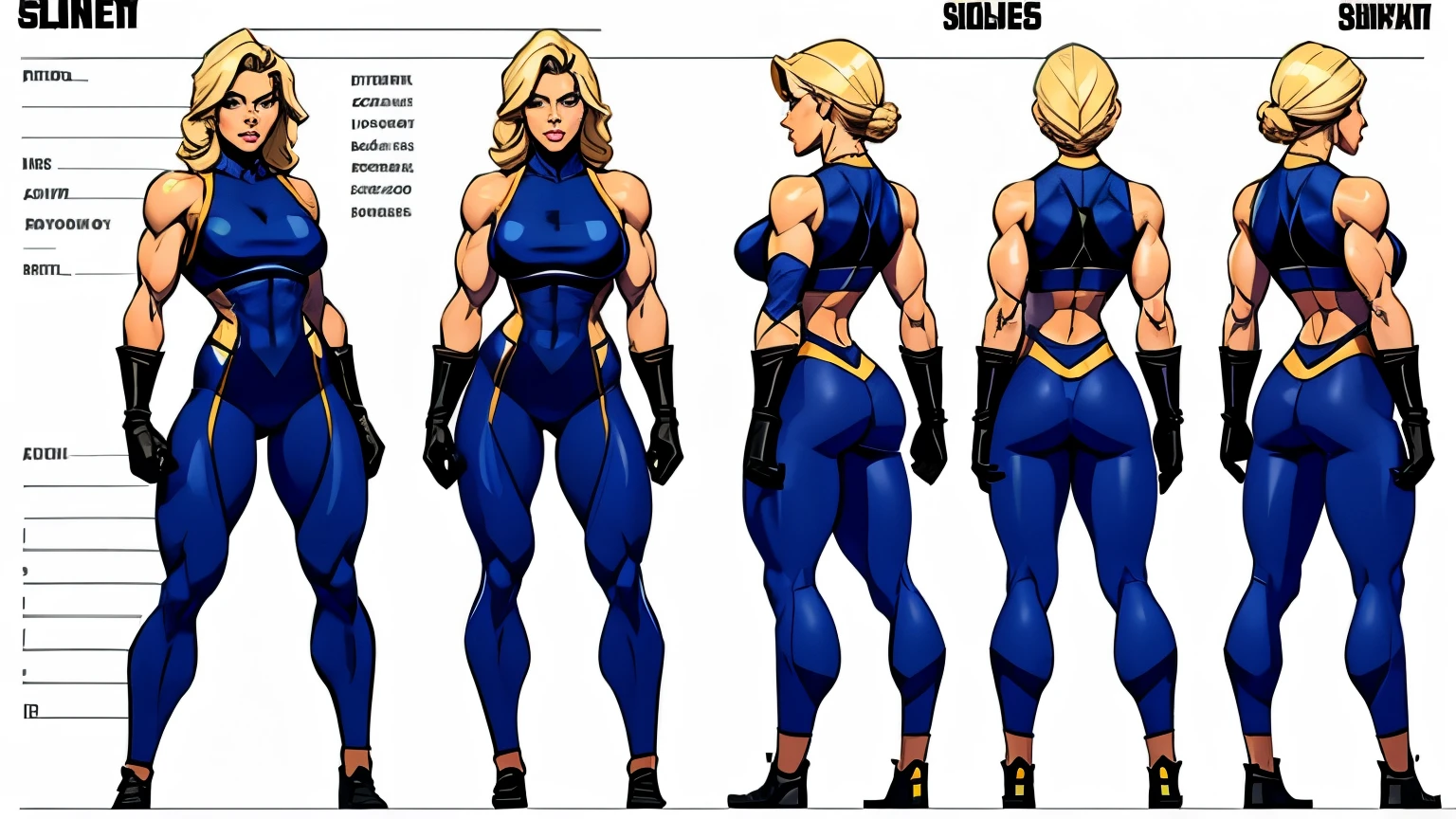 muscular, blonde woman, wearing sleeveless spandex bodysuit, character sheet, turnaround, character diagram, wearing gloves