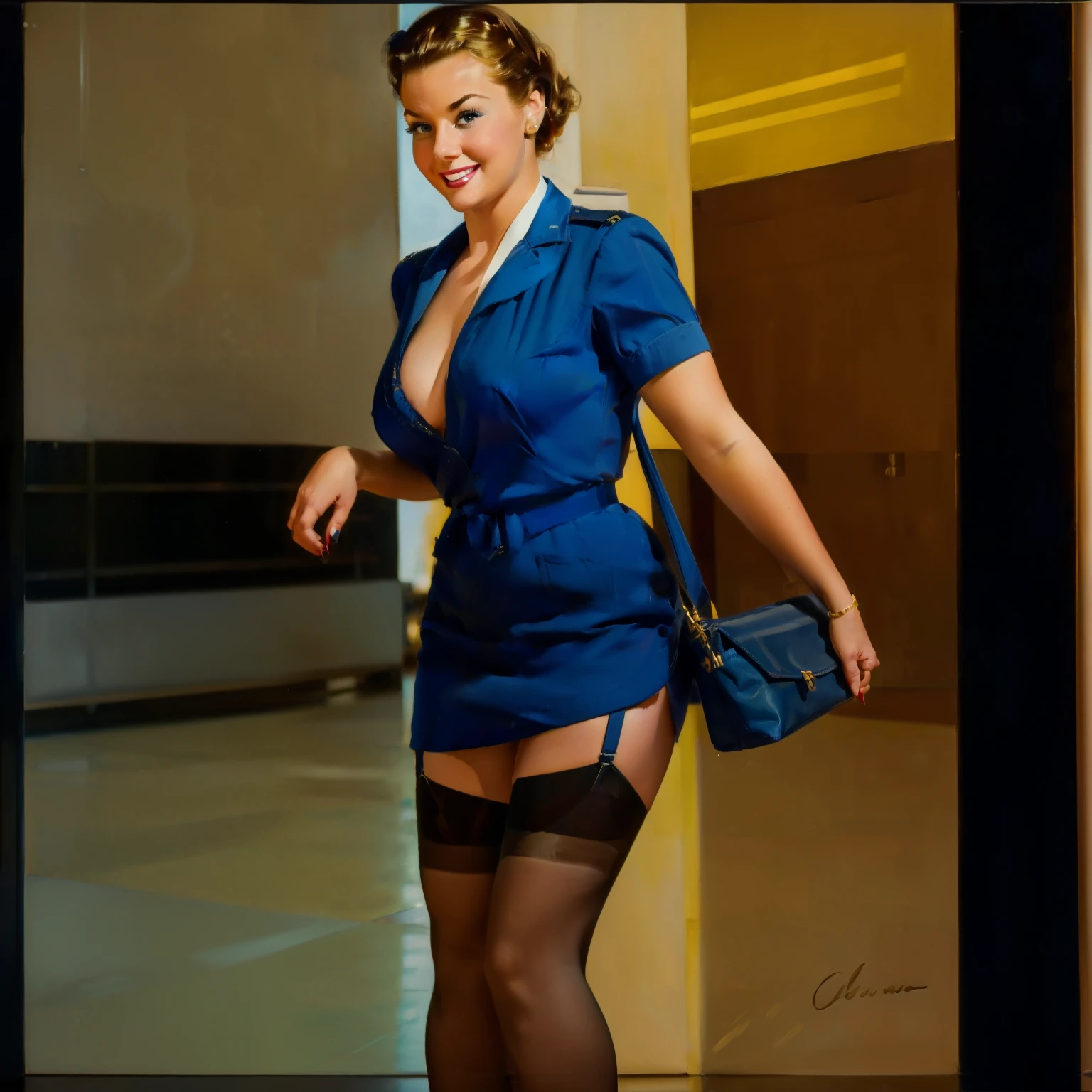 nsfw, photorealistic, beautiful face, (masterpiece:1.4), (best quality:1.4), extremely detailed, hyper-detailed, soft lighting, 38 years old beautiful 1950's pin-up flight attendant walking with a travel bag in her hand through an airport, big heavily sagging breasts, big erected hard nipples, one short blonde hairbun, shaved pubic area, (perfect_face), dressed in an unbuttened darkblue flight attendant uniform, stewardess, lace stockings with suspender belt, high heels, golden jewellery, intricate, 4k, detailed_background, full_body, realistic, 8k, sexy, stressed smile, very stressed facial expression