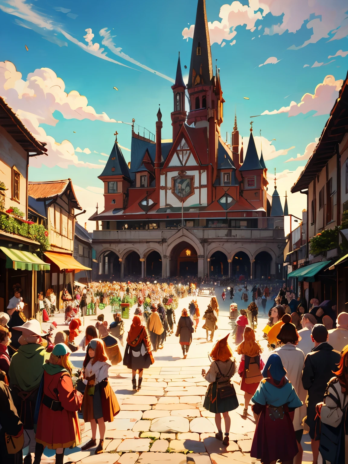 masterpiece, high quality, elves, (long elf ears), (orange hair), medieval town square, fantasy buildings, crowd of elves, fantasy clothes,